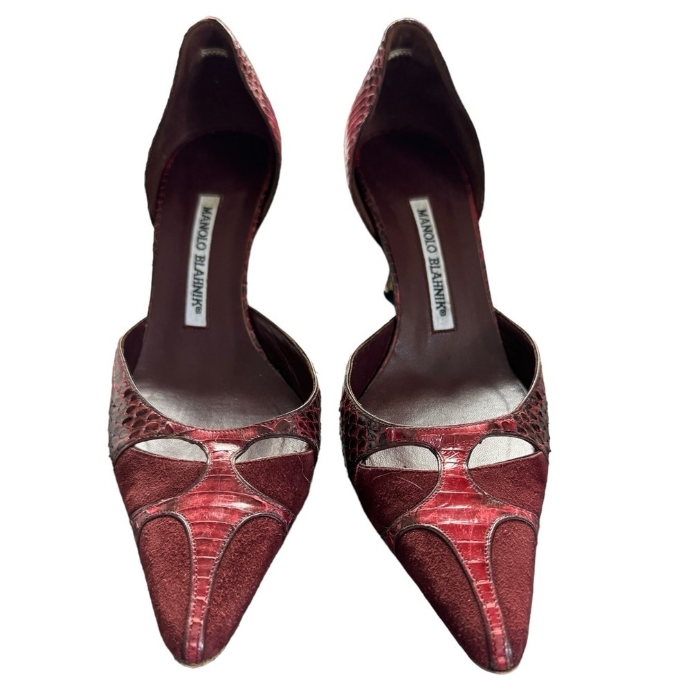 MANOLO BLAHNIK Burgundy D’Orsay Heels Pumps with Suede, Crocodile, Size 8 US​​​ - Picture 2 of 11